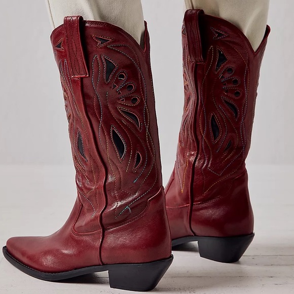 New Free People Rancho Mirage 6.5 Red Multi Embroidered MidCalf Leather Western - Picture 3 of 8
